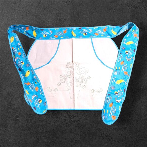 Vintage 1960s Waist Apron Blue Kitchen Print & Unfinished Embroidery Panel Flora - Picture 1 of 6